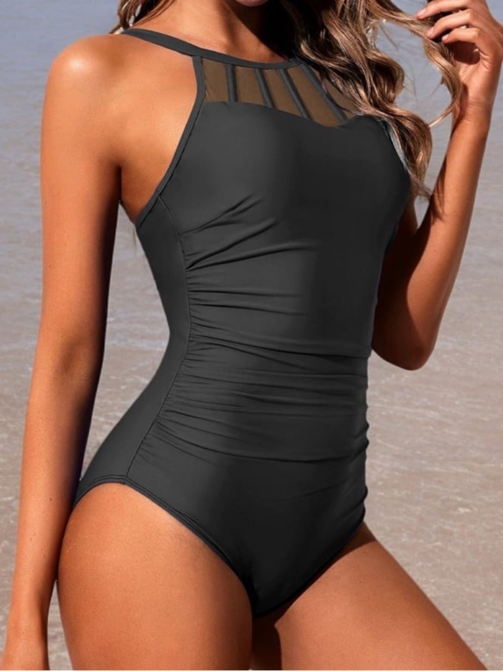 Kabaxiong Women’s Mesh High Neck Tummy Control Ruched Black Sexy NWT size XS